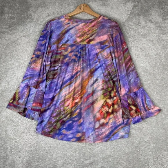 Cocomo Blouse Women XL Purple Tie Dye Bell Sleeve Pleated Henley Boho Whimsigoth - Picture 2 of 9